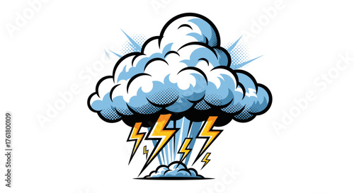 A dramatic comic book style depiction of a powerful thunderstorm with lightning striking from a dark cloud.