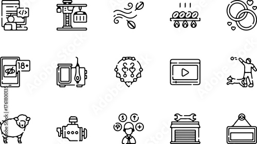 A diverse collection of fifteen black and white line icons representing various concepts like technology, industry, lifestyle, and nature.