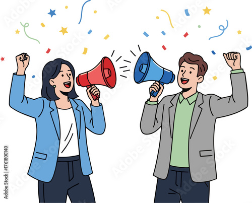 Create a kinds of deferent simple vector illustration of two office workers cheering with megaphones vector art with white background..