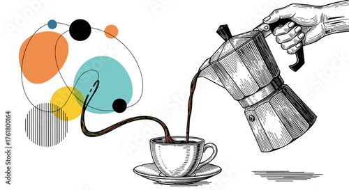 A whimsical illustration of coffee brewing and abstract colorful shapes connecting to a steaming cup.