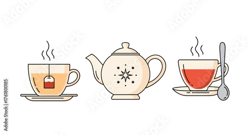 A collection of steaming cups of tea and a teapot in a minimalist flat design style.