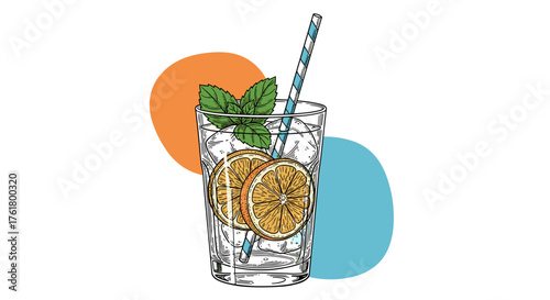 A refreshing tall glass of iced beverage with citrus slices and mint garnish perfect for a summer day.