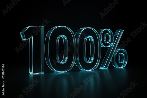 Glowing 100 percent glass number symbol in dark background representing perfection success and full achievement concept for digital marketing and motivation themes