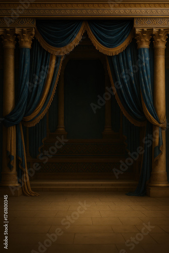 Luxurious classical stage with gold columns and dark blue velvet curtains in grand palace interior or royal theater background