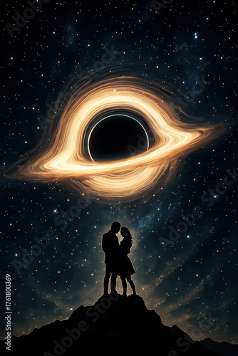 Romantic couple silhouette watching glowing black hole in starry night sky science fiction fantasy digital art concept