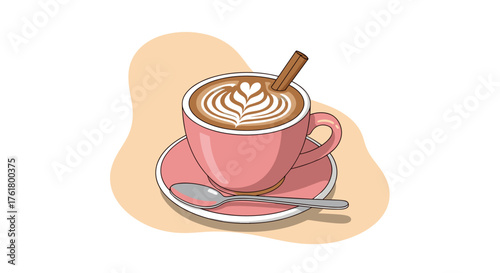 A beautifully crafted latte art coffee served in a pink cup with a cinnamon stick and spoon on a saucer .