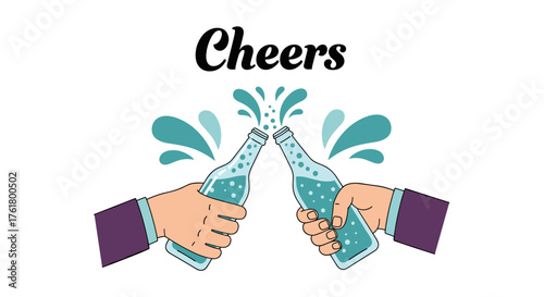 Two hands clinking bottles together in a celebration toast making a splash.