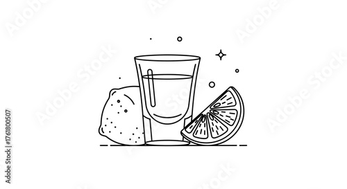 A classic tequila shot with a fresh lime wedge and a whole lime.