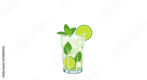 A refreshing mojito cocktail with fresh mint and lime slices on a bright summer day.
