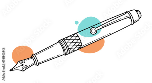 An elegant fountain pen with a detailed nib and cap adorned with colorful watercolor splatters representing creativity and artistry.