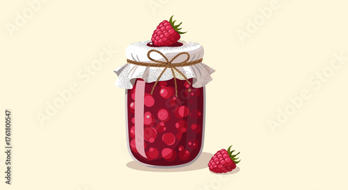 A delightful jar filled with sweet red berry jam topped with a fresh raspberry.