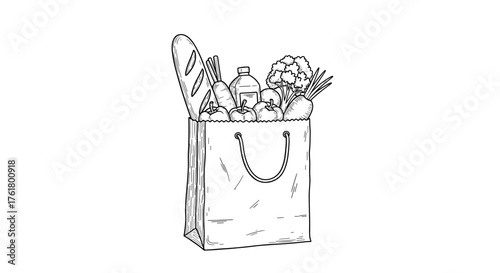 A reusable shopping bag filled with groceries including bread fruits and vegetables.
