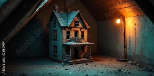 Forgotten Memories A Chipped and Shadowed Dollhouse in a Dusty Attic, Evoking a Sense of Eerie Mystery and Forgotten Childhood Games