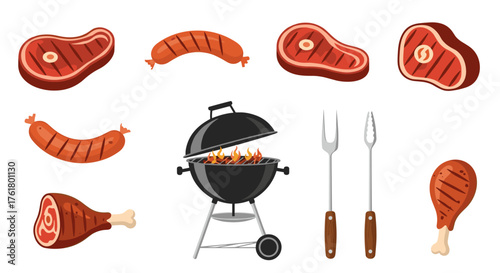 Collection of delicious grilled meats and barbecue elements for outdoor cooking.