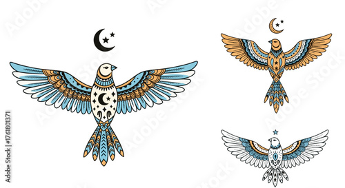Mystical birds adorned with celestial moon and star patterns ascend towards the night sky.
