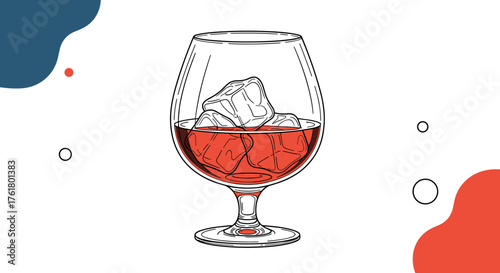 A refreshing glass of red wine with ice cubes is depicted with a simple artistic style.