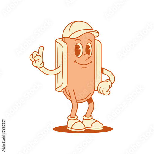 Comic hot dog cartoon character idea forefinger gesture contoured vector flat illustration. Smiling cheerful fast food with sausage and bread mascot attention innovation reminder recommend gesturing