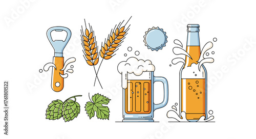 A collection of brewing ingredients and tools including hops grain and a bottle opener for making refreshing drinks