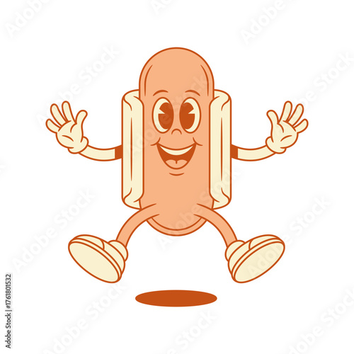 Funny cheerful hot dog cartoon character jumping contoured vector flat illustration. Happy comic fast food with sausage and bread mascot overjoyed welcome greeting having fun positive emotion