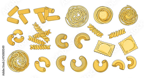 A variety of Italian pasta shapes are displayed together as a collection of delicious ingredients.