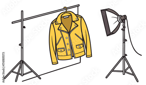 "yellow leather jacket hanging neatly on a wooden hanger against a clean white background, studio lighting highlighting jacket texture and shine, minimal and professional fashion product photography."