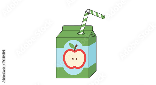 A refreshing carton of apple juice with a striped straw on a white background.