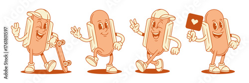 Funky cute hot dog cartoon character set contoured vector flat illustration. Smiling happy fast food with sausage and bread mascot teenager with skateboard heart like signboard peace hi hello greeting