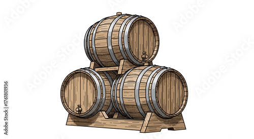 Stacked wooden barrels used for storage and aging of beverages and goods.