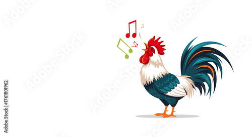 A majestic rooster crows announcing the arrival of a new day with musical notes.