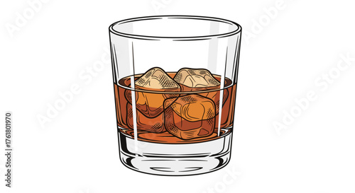 A refreshing glass of iced beverage with amber colored liquid and ice cubes.