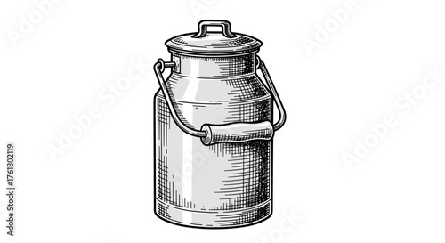 A vintage metal milk can with a sturdy handle and a looped lid for farm fresh beverages. A classic dairy storage container for agricultural use.