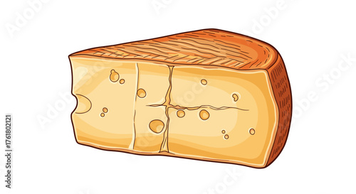 A detailed illustration of a wedge of delicious Swiss cheese with characteristic holes and a golden rind.