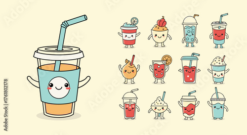 Cute collection of cartoon characters dressed as various types of beverages and desserts.