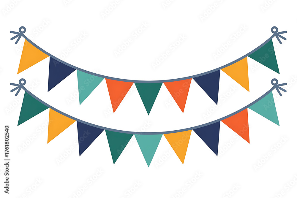 Obraz premium Colorful bunting flags in shades of blue, green, and orange, creating a festive atmosphere.