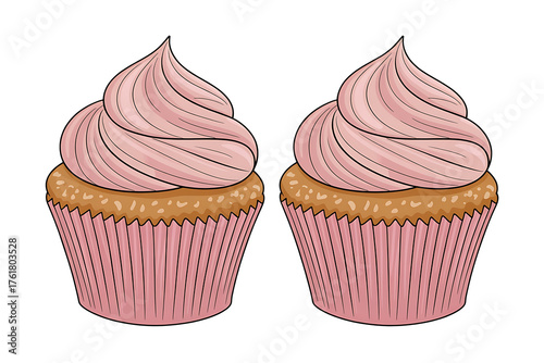 Two cupcakes with pink frosting sit on paper liners, evoking sweetness and dessert indulgence.