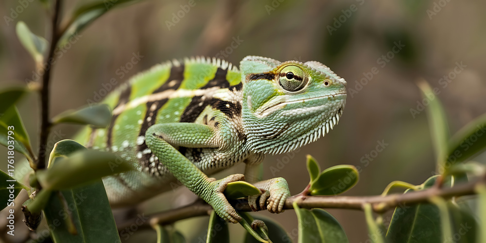 Obraz premium A vibrant green and black chameleon clings to a branch, displaying intricate patterns.