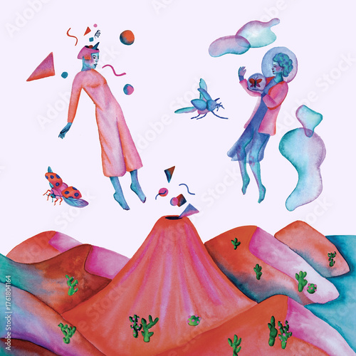 characters in volcanic landscape 