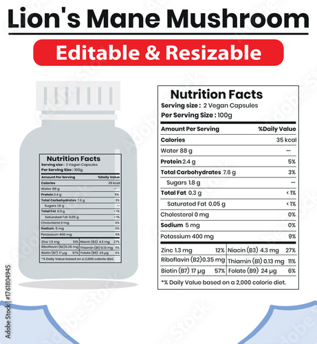 Premium Lion’s Mane Supplement Label,Organic Nootropic Nutrition Facts Template FDA Style,Lion’s Mane Mushroom Supplement Facts Label Template,Editable Nutrition Design for Health Products.