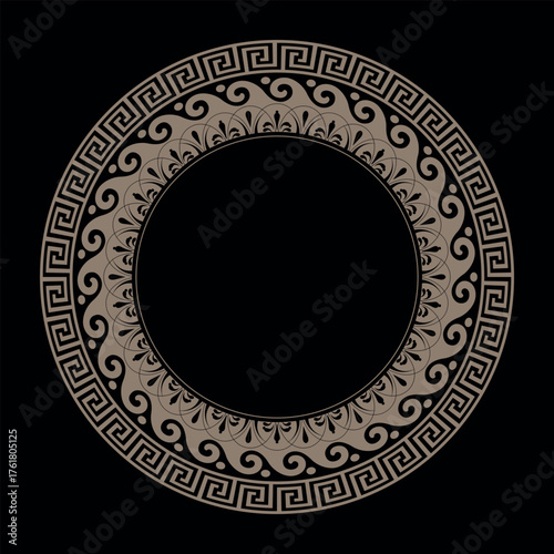 Greek gold round frame on black background. Greek pattern. Round porcelain plate with key, floral meanders. Greek key. Circle frame with greek ornament. Pattern of Greece, ancient Rome. For porcelain