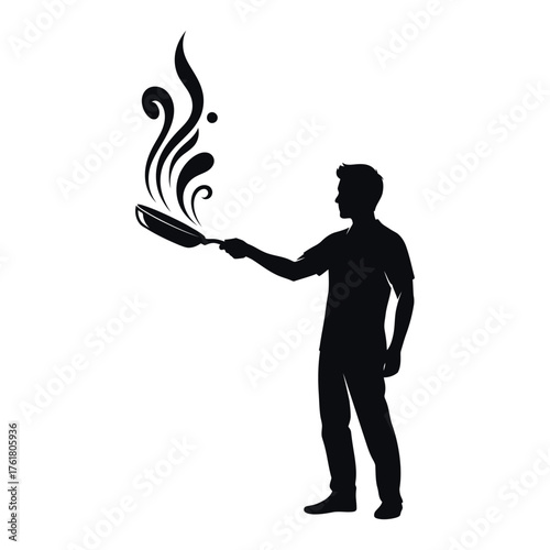 Silhouette of a chef cooking with flames rising from a frying pan vector