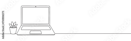 Continuous one-line drawing of an open laptop next to a potted plant, symbolizing sustainable technology, growth, and work-life balance in a minimalist style.