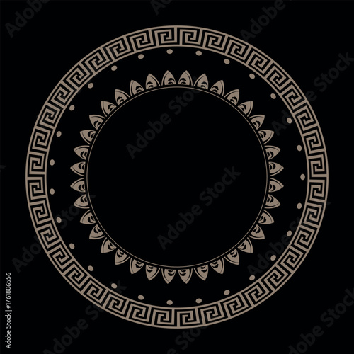 Vector round gold classic frame. Greek key meander border. Patterns of Greece and ancient Rome. Circle european border. Round antique border from Greek. Typical egyptian, assyrian and greek motives