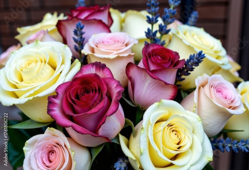 Vibrant Bouquet of Multicolored Roses with Lavender: A Harmonious Blend of Pastel Pink, Cream, and Burgundy Hues Celebrating Beauty and Elegance