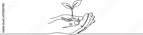 Continuous one-line drawing of hands holding a growing seedling, symbolizing protection, growth, nature, and environmental care in a minimalist style.