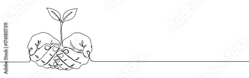 Continuous one-line drawing of hands holding a growing seedling, symbolizing protection, growth, nature, and environmental care in a minimalist style.