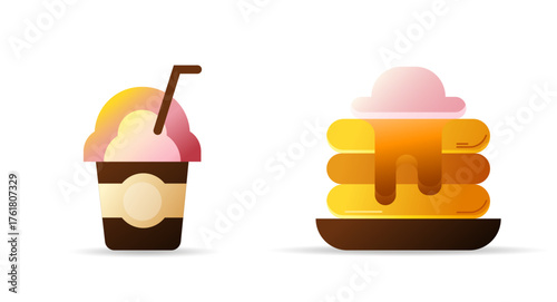 Colorful flat vector illustration of a dessert set featuring stacked pancakes with syrup and a milkshake topped with ice cream. Ideal for food menus, cafes, dessert branding, or playful culinary artwo