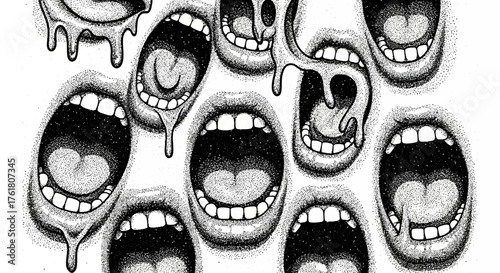 Abstract Illustration of Multiple Screaming Mouths in a Stippled Style