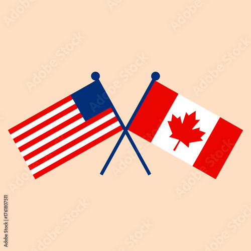 United States and Canada crossed flags, waving symbols, diplomacy cooperation, international friendship, patriotic celebration, clean vector design background