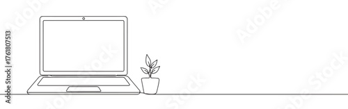 Continuous one-line drawing of an open laptop next to a potted plant, symbolizing sustainable technology, growth, and work-life balance in a minimalist style.