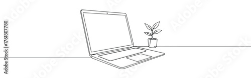 Continuous one-line drawing of an open laptop next to a potted plant, symbolizing sustainable technology, growth, and work-life balance in a minimalist style.